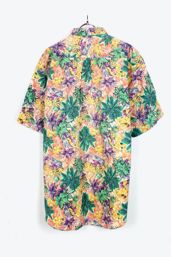 90'S S/S BD COTTON HAWAIIAN SHIRT / YELLOW/GREEN【SIZE:M USED】