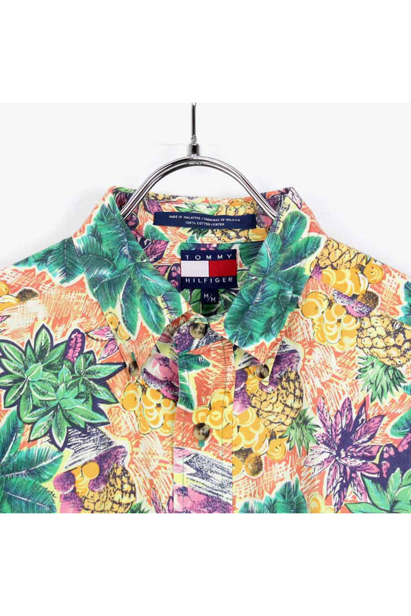 90'S S/S BD COTTON HAWAIIAN SHIRT / YELLOW/GREEN【SIZE:M USED】
