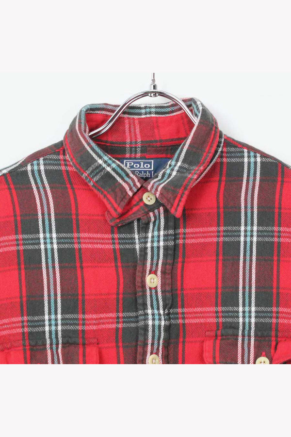 90'S L/S COTTON CHECK FLANNEL SHIRT / RED CHECK [SIZE: L USED]