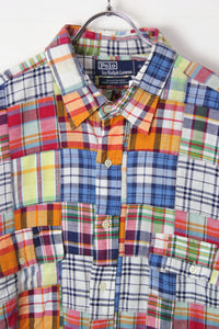 90'S L/S PATCH WORK MADRAS CHECK SHIRT / MULTI [SIZE: XL USED]