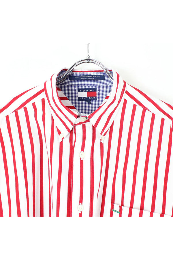 90'S S/S STRIPE SHIRT / RED【SIZE:L USED】