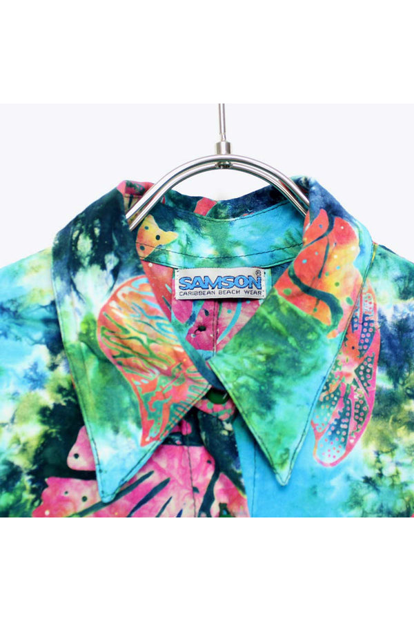 90'S S/S TIE DYE HAWAIIAN SHIRT / GREEN【SIZE:M USED】
