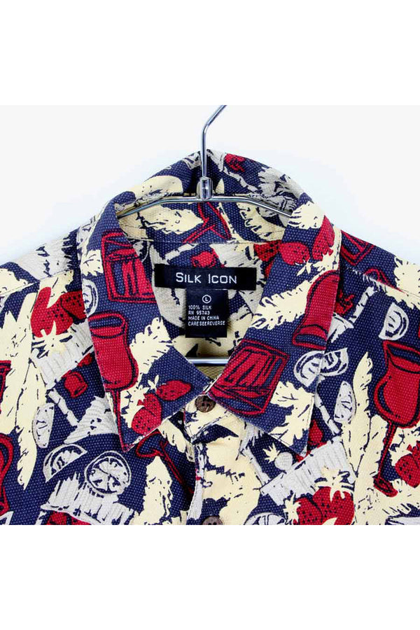 S/S SILK SHIRT / NAVY/RED【SIZE:L USED】