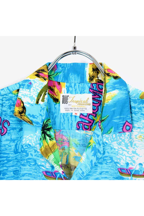 90'S S/S RAYON HAWAIIAN SHIRT / BLUE【SIZE:M USED】