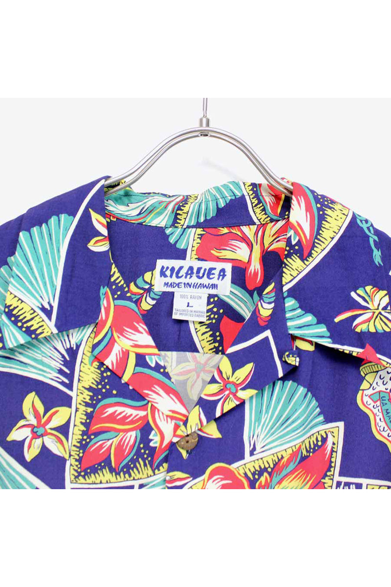MADE IN HAWAII S/S OPEN COLLAR HAWAIIAN SHIRT / NAVY【SIZE:L USED】