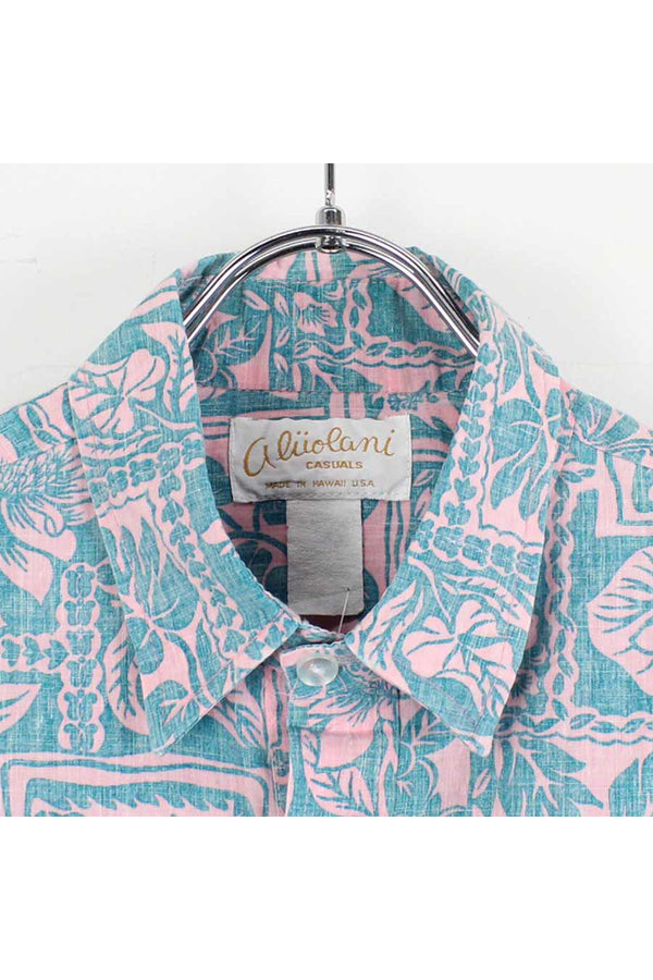 MADE IN HAWAII 90'S S/S PULLOVER PATTERN SHIRT / BLUE/PINK【SIZE:L相当 USED】
