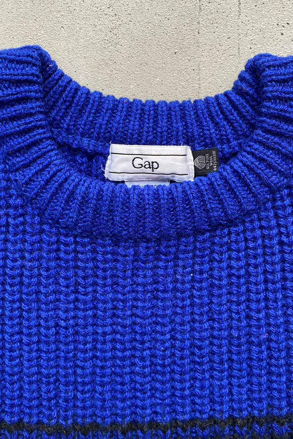 80'S BI COLOR DESIGN WOOL KNIT SWEATER / BLUE [SIZE: L USED]