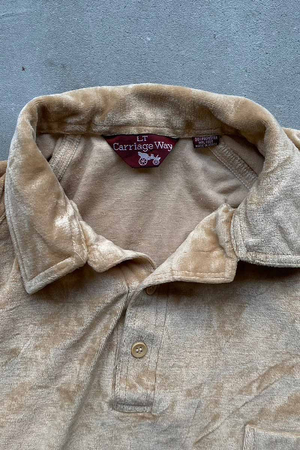90'S L/S OPEN COLLAR VELOUR POLO SHIRT / BEIGE [SIZE: L USED]