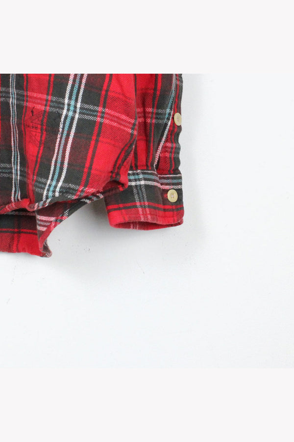90'S L/S COTTON CHECK FLANNEL SHIRT / RED CHECK [SIZE: L USED]