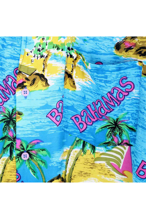 90'S S/S RAYON HAWAIIAN SHIRT / BLUE【SIZE:M USED】