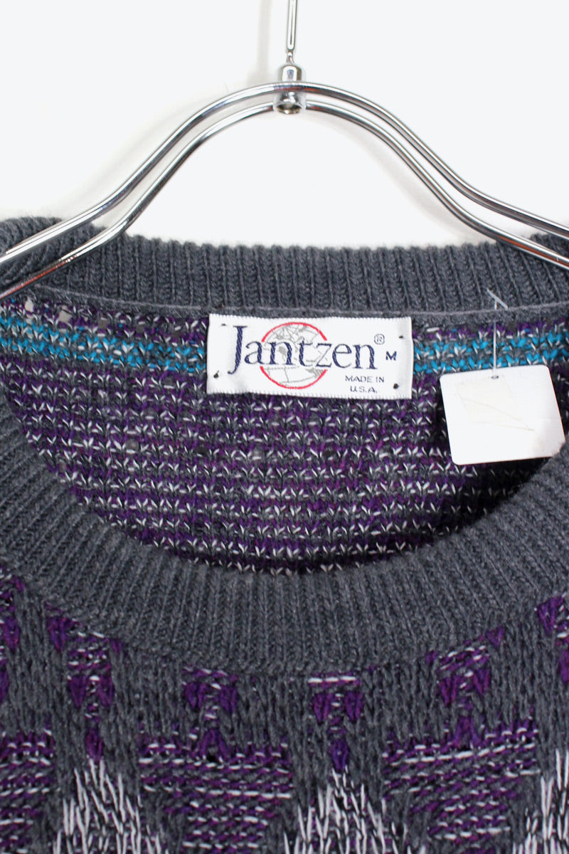 MADE IN USA 90'S MULTI PATTERN MELANGE KNIT SWEATER / PURPLE/CHARCOAL/LT.BLUE [SIZE: M DEADSTOCK/NOS]