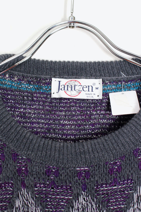 MADE IN USA 90'S MULTI PATTERN MELANGE KNIT SWEATER / PURPLE/CHARCOAL/LT.BLUE [SIZE: M DEADSTOCK/NOS]
