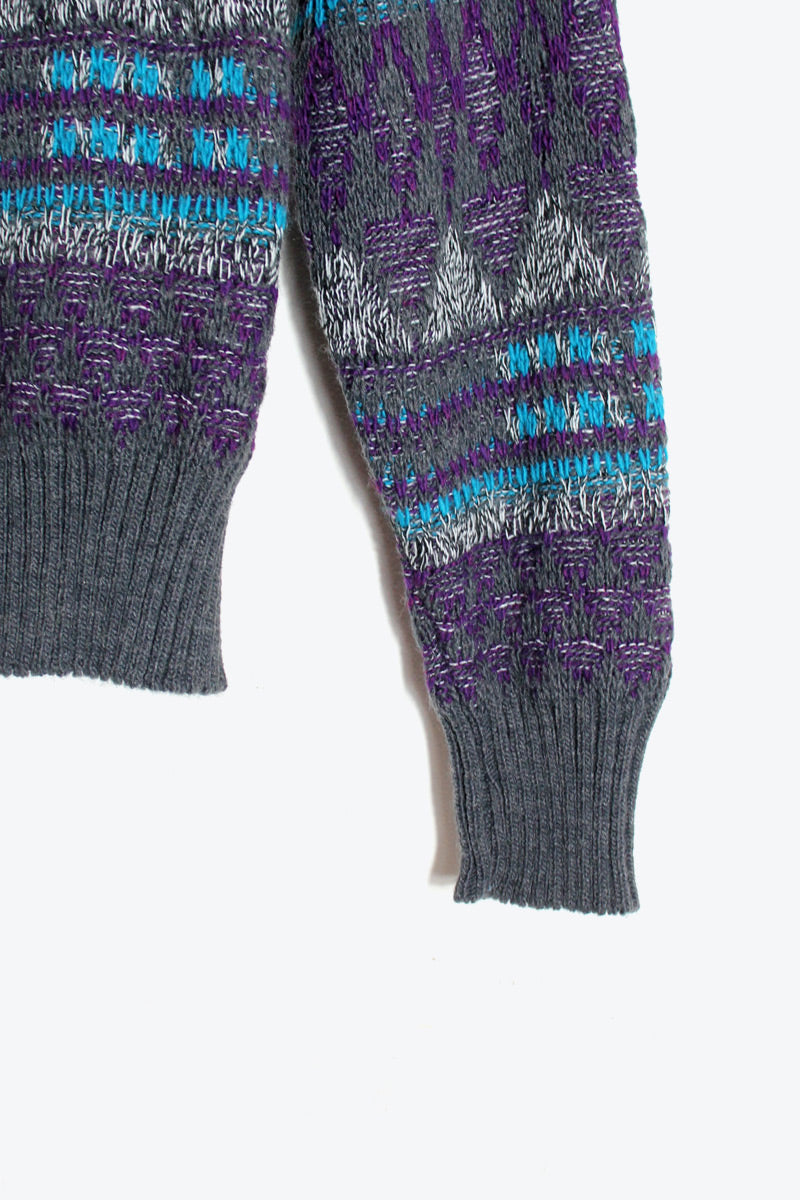 MADE IN USA 90'S MULTI PATTERN MELANGE KNIT SWEATER / PURPLE/CHARCOAL/LT.BLUE [SIZE: M DEADSTOCK/NOS]
