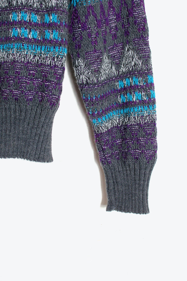 MADE IN USA 90'S MULTI PATTERN MELANGE KNIT SWEATER / PURPLE/CHARCOAL/LT.BLUE [SIZE: M DEADSTOCK/NOS]