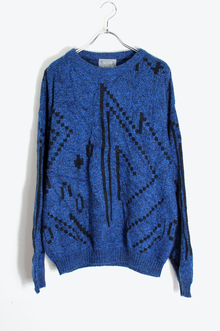 MADE IN USA 80'S MELANGE DESIGN ACRYLIC KNIT SWEATER / BLUE MELANGE/BLACK [SIZE: XL USED]
