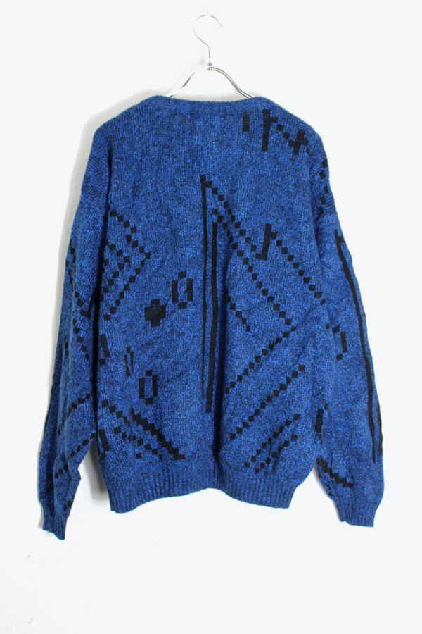 MADE IN USA 80'S MELANGE DESIGN ACRYLIC KNIT SWEATER / BLUE MELANGE/BLACK [SIZE: XL USED]