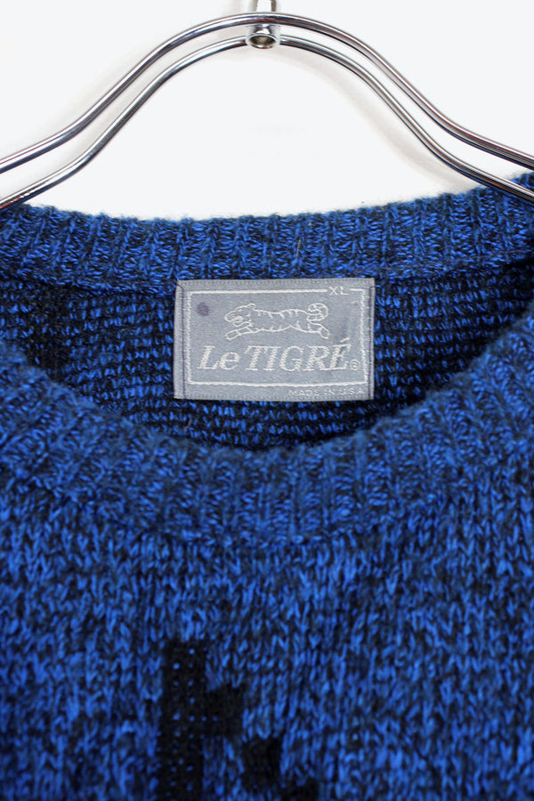 MADE IN USA 80'S MELANGE DESIGN ACRYLIC KNIT SWEATER / BLUE MELANGE/BLACK [SIZE: XL USED]