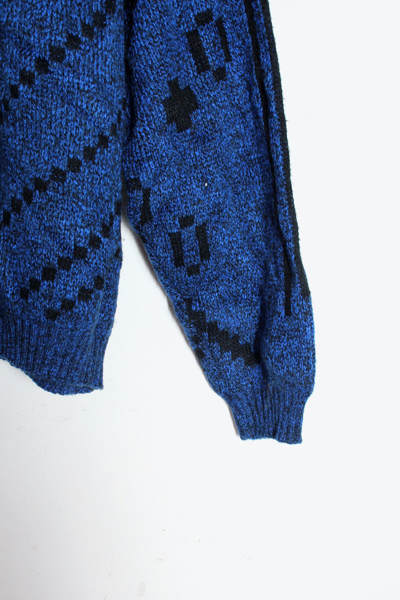 MADE IN USA 80'S MELANGE DESIGN ACRYLIC KNIT SWEATER / BLUE MELANGE/BLACK [SIZE: XL USED]
