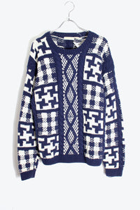 80'S ALAN DESIGN COTTON KNIT SWEATER / NAVY/WHITE [SIZE: S USED]