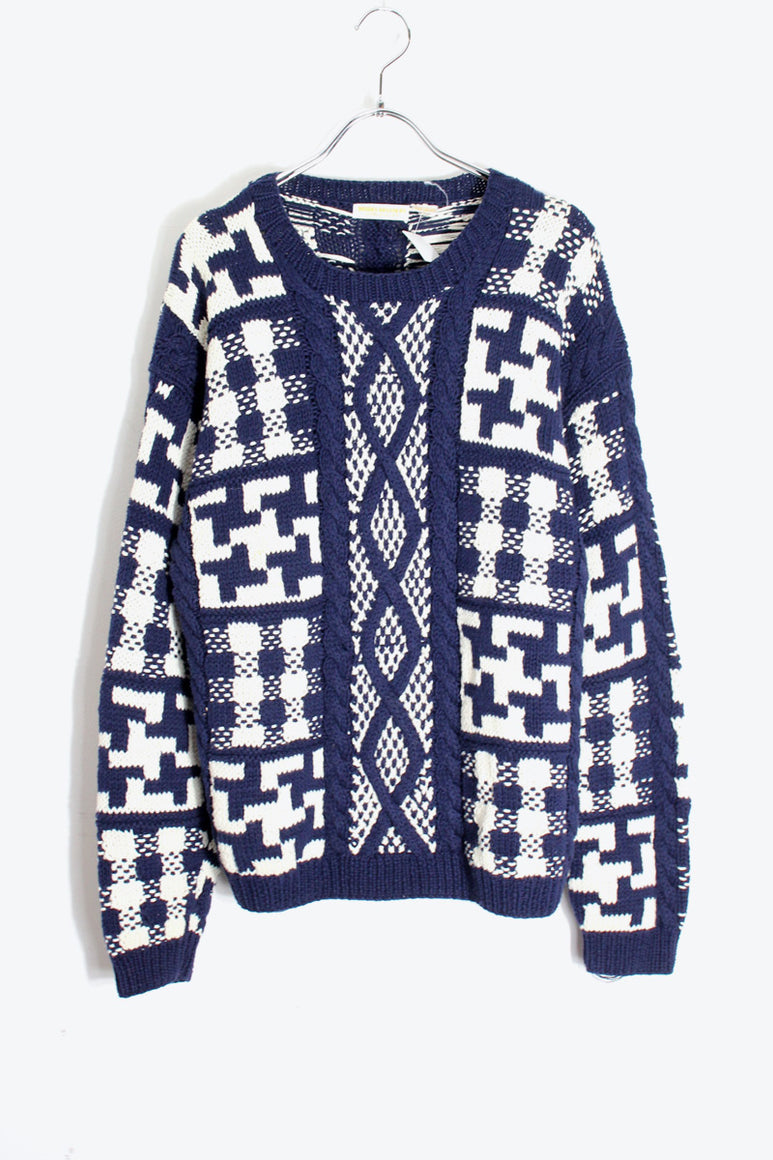 80'S ALAN DESIGN COTTON KNIT SWEATER / NAVY/WHITE [SIZE: S USED]