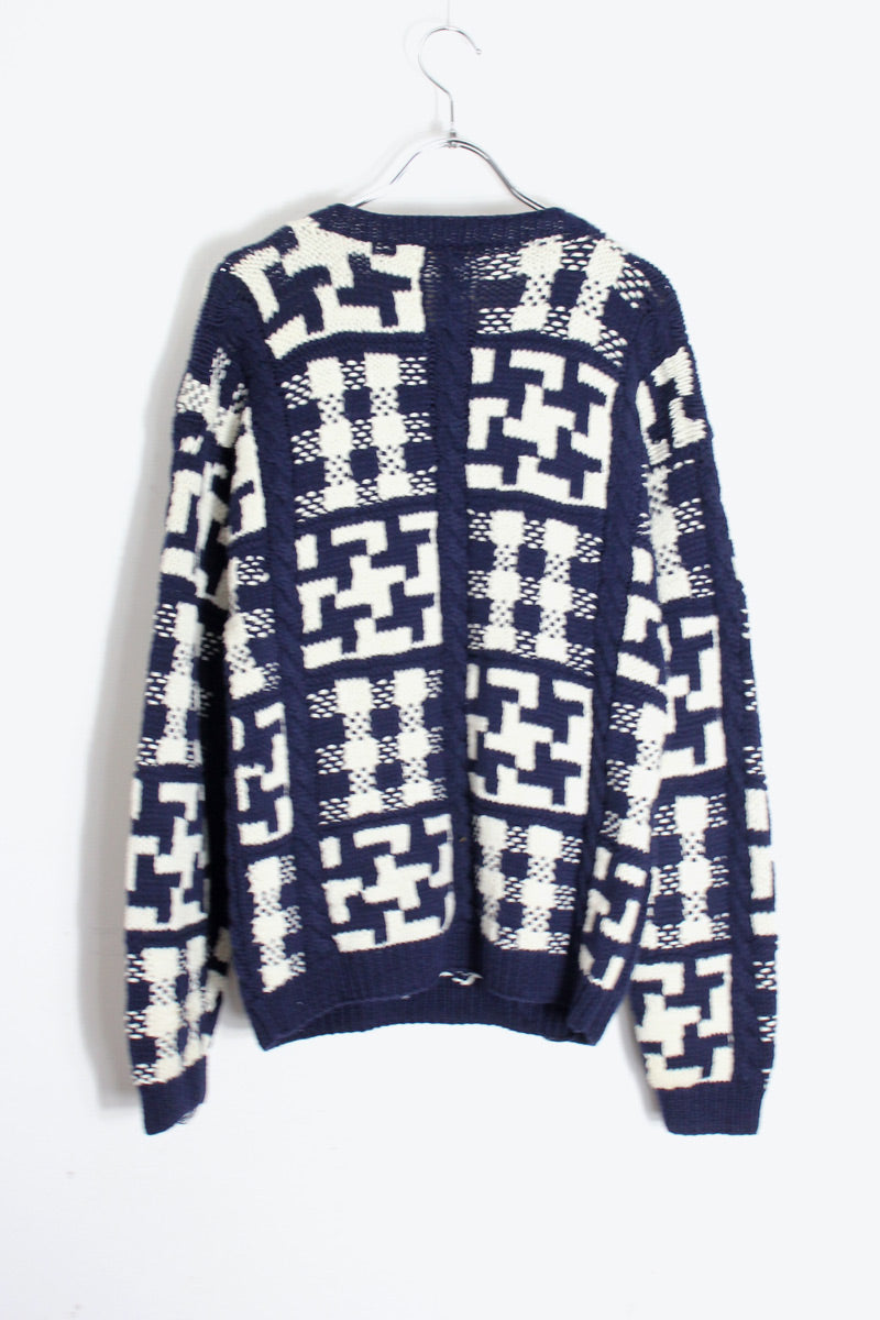 80'S ALAN DESIGN COTTON KNIT SWEATER / NAVY/WHITE [SIZE: S USED]