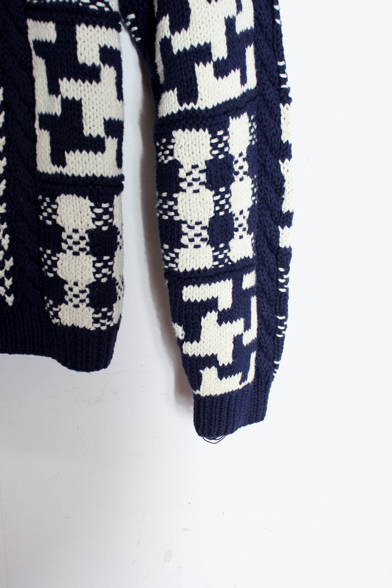 80'S ALAN DESIGN COTTON KNIT SWEATER / NAVY/WHITE [SIZE: S USED]