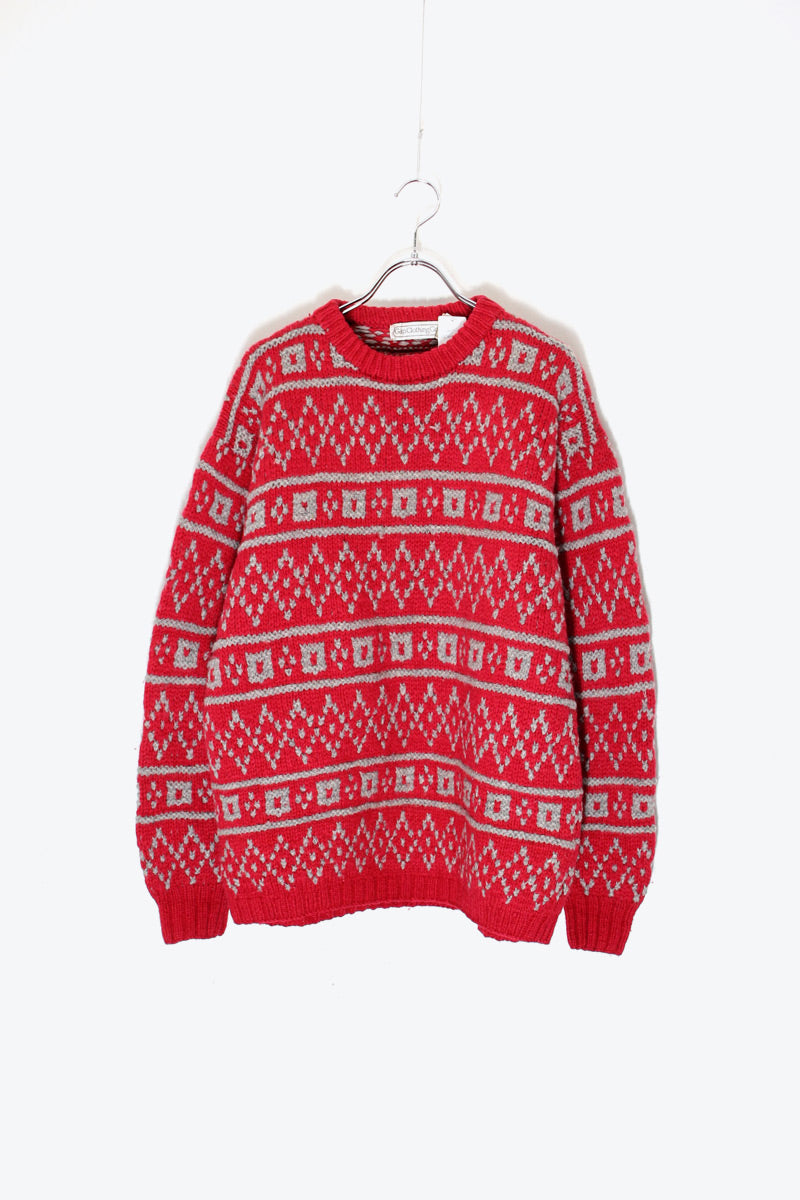 80'S NORDIC PATTERN WOOL KNIT SWEATER / RED [SIZE: M USED]