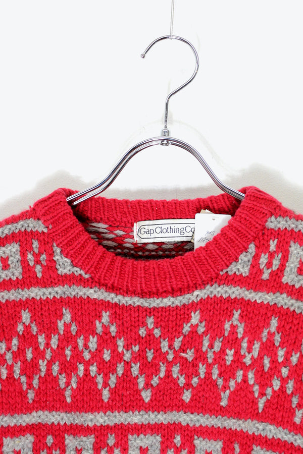 80'S NORDIC PATTERN WOOL KNIT SWEATER / RED [SIZE: M USED]