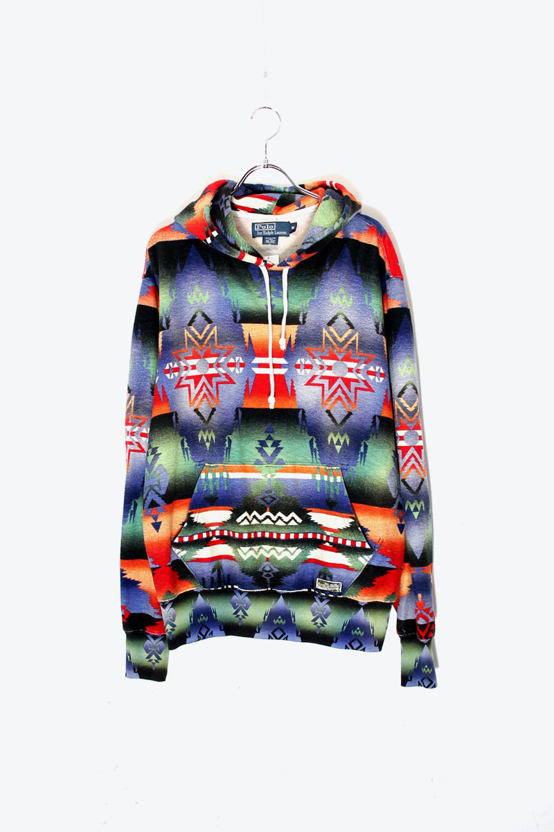 90'S NATIVE PATTERN HOODIE SWEATSHIRT / MULTI [SIZE: M USED]