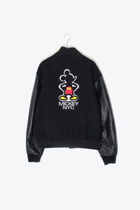 MADE IN USA 90'S MICKEY BACK EMBROIDERY WOOL LEATHER STADIUM JACKET W/QUILTING LINER / BLACK [SIZE: S USED]