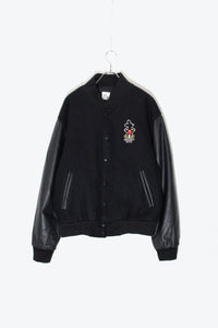 MADE IN USA 90'S MICKEY BACK EMBROIDERY WOOL LEATHER STADIUM JACKET W/QUILTING LINER / BLACK [SIZE: S USED]