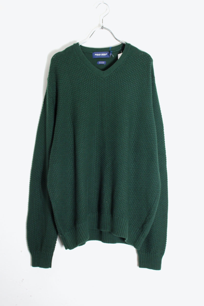 90'S V-NECK COTTON ALPACA KNIT SWEATER / GREEN [SIZE: XL USED]