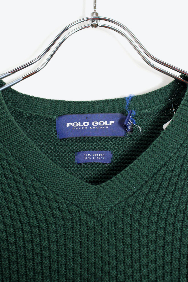 90'S V-NECK COTTON ALPACA KNIT SWEATER / GREEN [SIZE: XL USED]