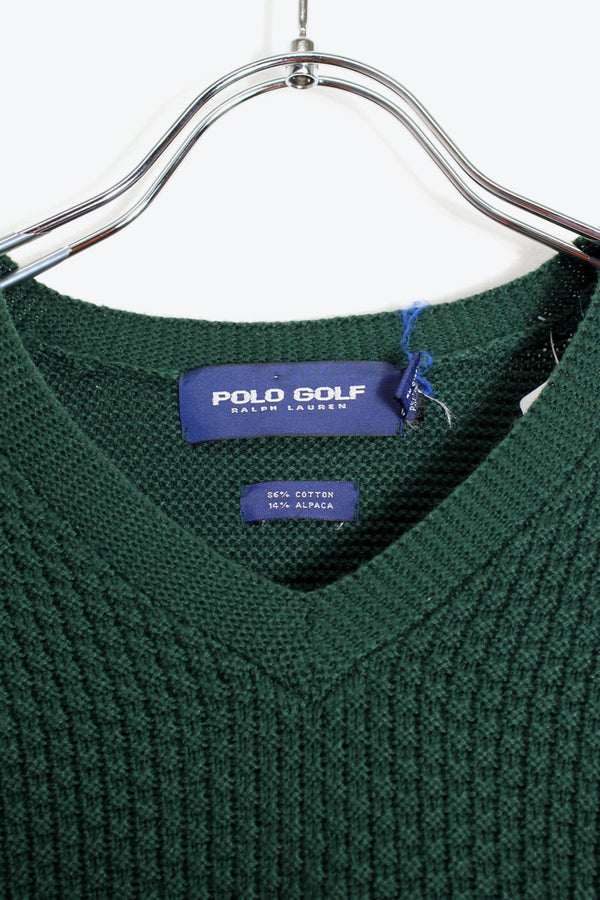 90'S V-NECK COTTON ALPACA KNIT SWEATER / GREEN [SIZE: XL USED]