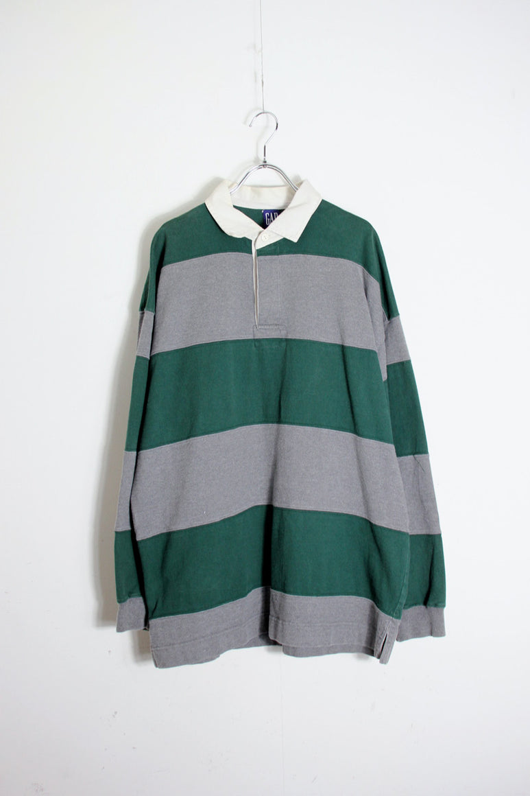 90'S L/S WIDE BORDER RUGBY SHIRT / GRAY/GREEN [SIZE: L USED]
