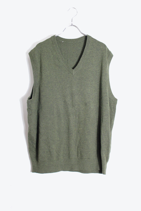 V-NECK COTTON KNIT VEST / OLIVE [SIZE: L USED]