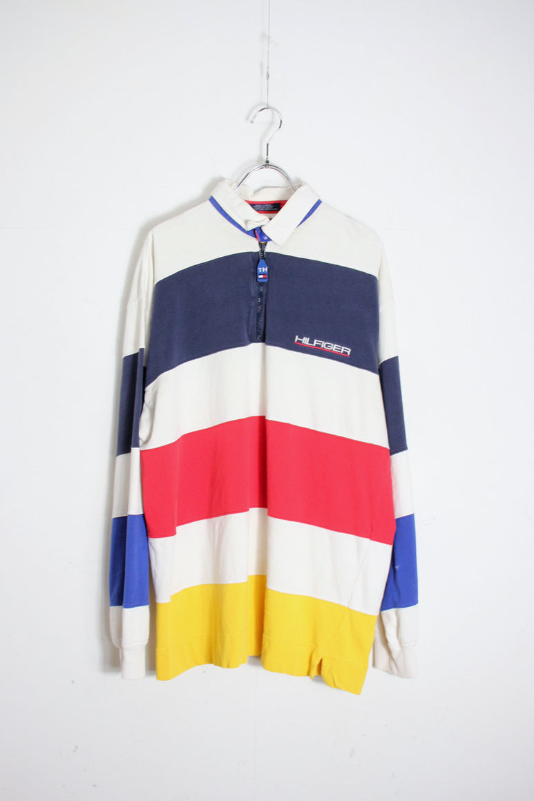MADE IN TURKEY 90'S HALF ZIP WIDE BORDER RUGBY SHIRT / WHITE/NAVY/BLUE/RED/YELLOW [SIZE: L USED]