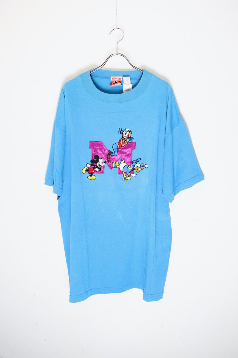 MADE IN USA 90'S S/S MICKEY EMBROIDERY T-SHIRT / SKY BLUE [SIZE: L/XL USED]