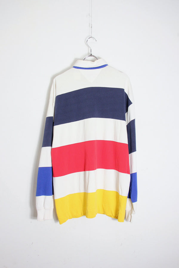 MADE IN TURKEY 90'S HALF ZIP WIDE BORDER RUGBY SHIRT / WHITE/NAVY/BLUE/RED/YELLOW [SIZE: L USED]