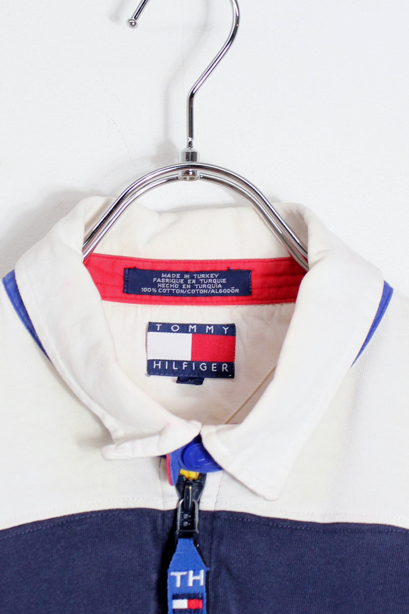 MADE IN TURKEY 90'S HALF ZIP WIDE BORDER RUGBY SHIRT / WHITE/NAVY/BLUE/RED/YELLOW [SIZE: L USED]