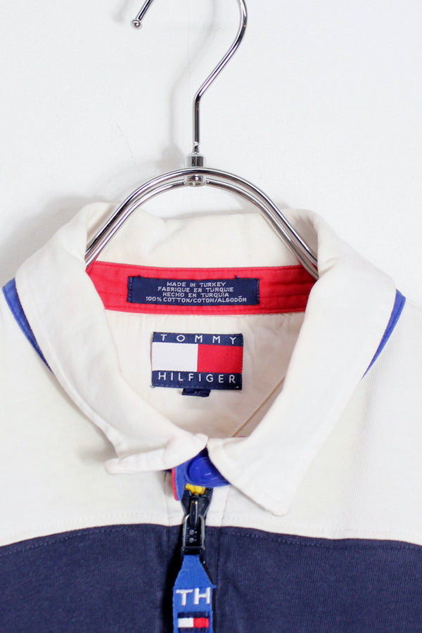 MADE IN TURKEY 90'S HALF ZIP WIDE BORDER RUGBY SHIRT / WHITE/NAVY/BLUE/RED/YELLOW [SIZE: L USED]