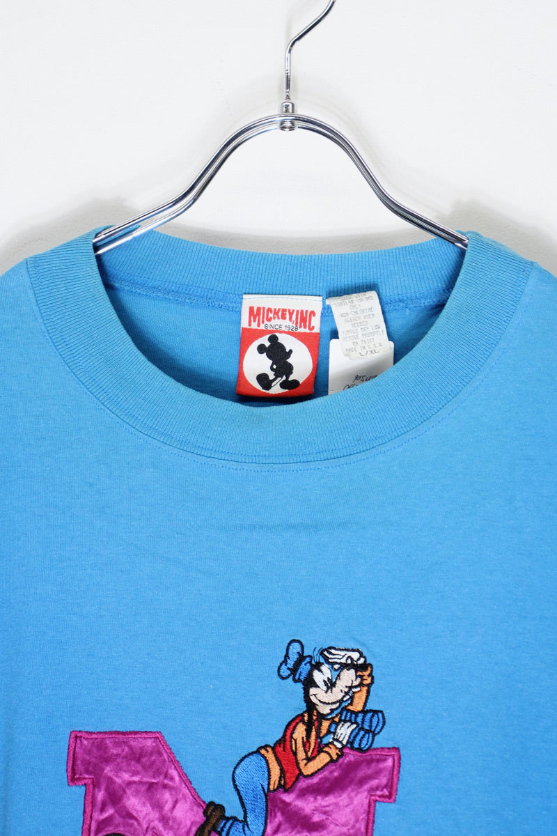 MADE IN USA 90'S S/S MICKEY EMBROIDERY T-SHIRT / SKY BLUE [SIZE: L/XL USED]