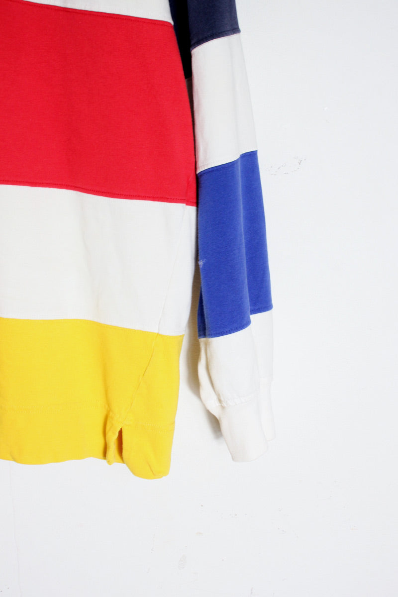 MADE IN TURKEY 90'S HALF ZIP WIDE BORDER RUGBY SHIRT / WHITE/NAVY/BLUE/RED/YELLOW [SIZE: L USED]