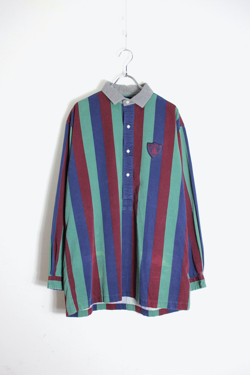 90'S L/S FLEECE COLLAR WIDE STRIPE COTTON SHIRT / GREEN/BLUE/WINE [SIZE: M USED]