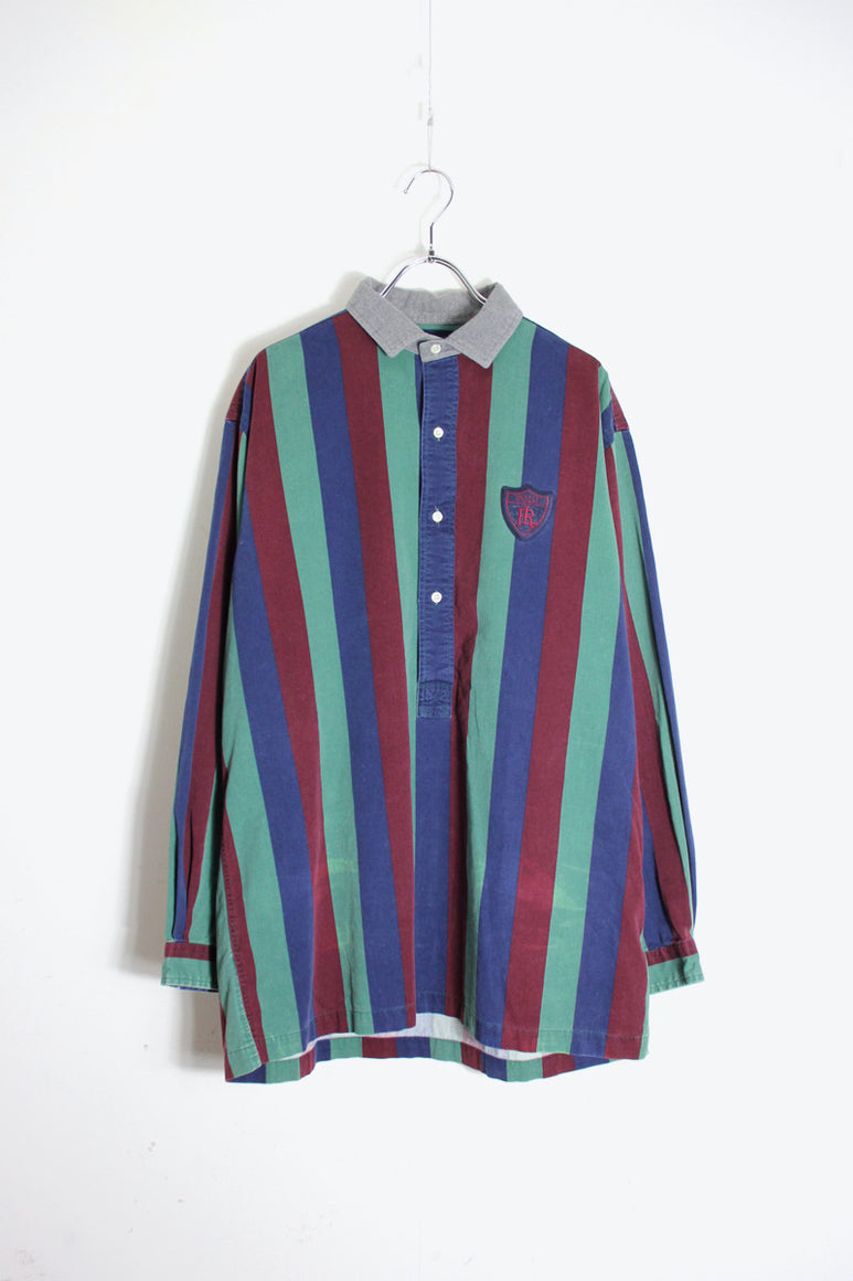 90'S L/S FLEECE COLLAR WIDE STRIPE COTTON SHIRT / GREEN/BLUE/WINE [SIZE: M USED]