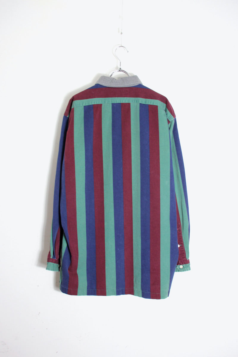 90'S L/S FLEECE COLLAR WIDE STRIPE COTTON SHIRT / GREEN/BLUE/WINE [SIZE: M USED]