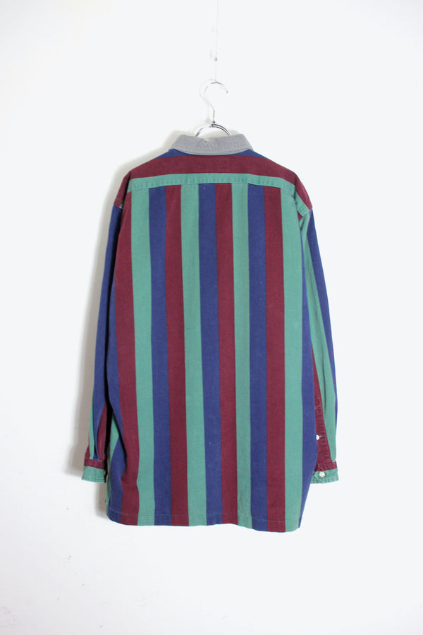 90'S L/S FLEECE COLLAR WIDE STRIPE COTTON SHIRT / GREEN/BLUE/WINE [SIZE: M USED]