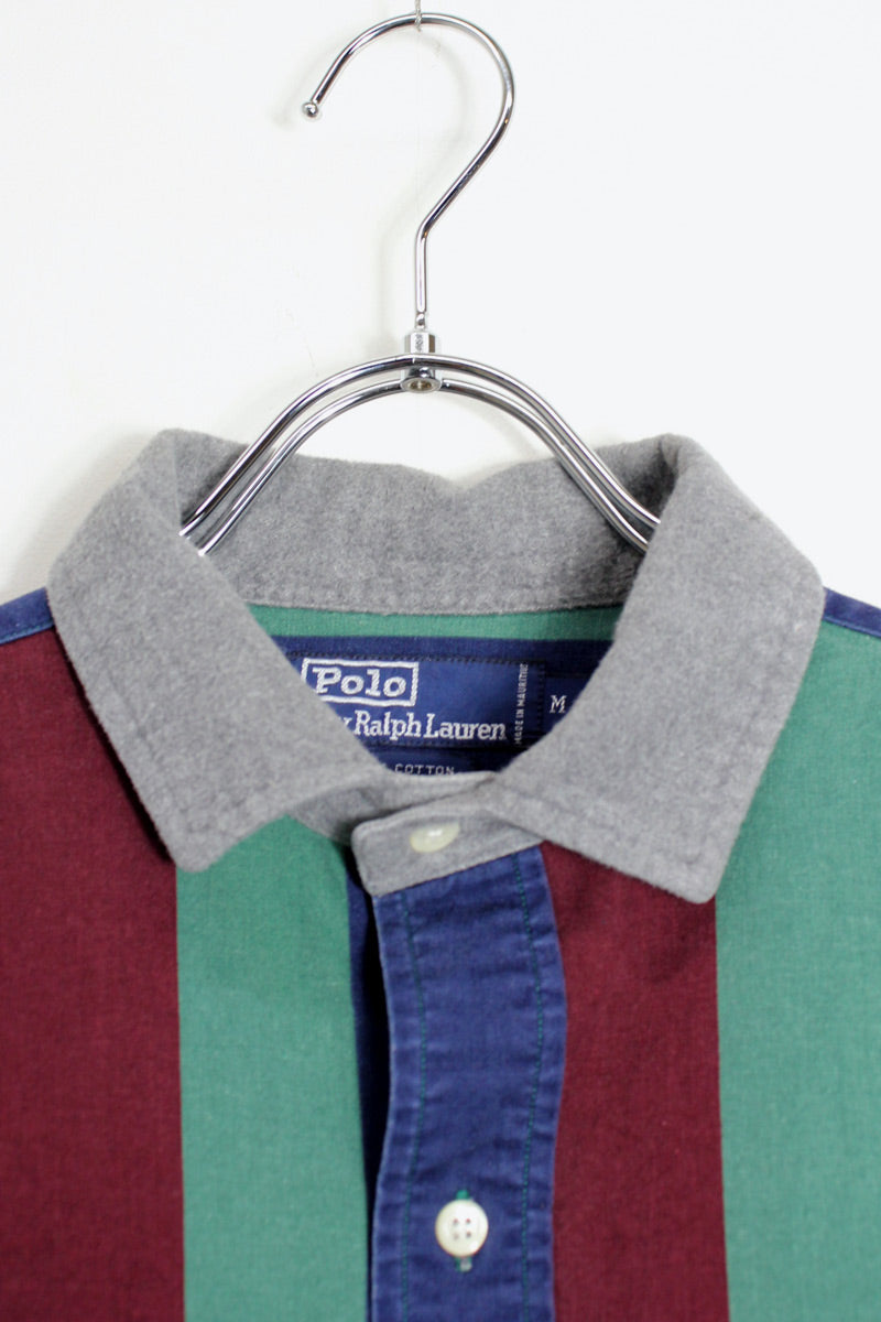 90'S L/S FLEECE COLLAR WIDE STRIPE COTTON SHIRT / GREEN/BLUE/WINE [SIZE: M USED]