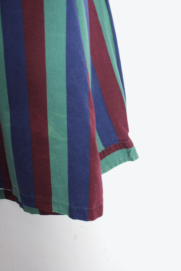 90'S L/S FLEECE COLLAR WIDE STRIPE COTTON SHIRT / GREEN/BLUE/WINE [SIZE: M USED]