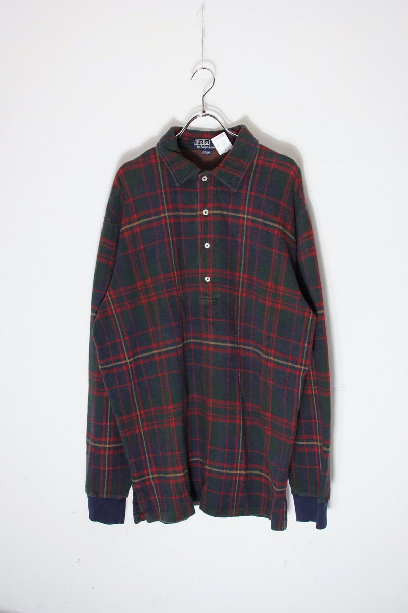MADE IN USA 80'S L/S CHECK KNIT POLO SHIRT / RED/NAVY [SIZE: L USED]